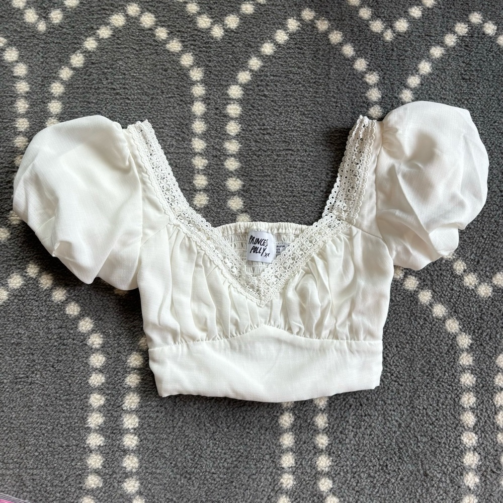 Princess Polly - Ivory Lace Trim Puff Sleeve  Top